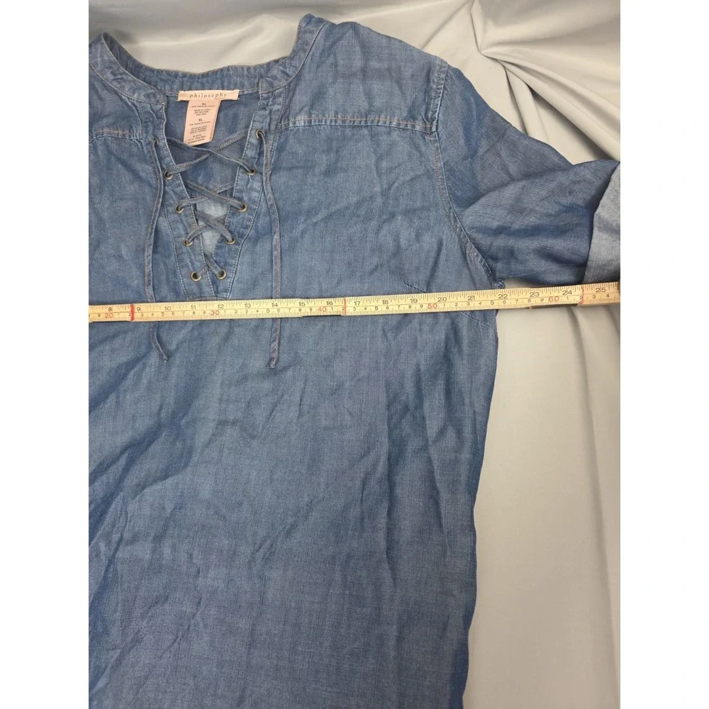 Philosophy Women's Dress Chambray Tunic Style Shirt Dress Lace Up XL Tencel